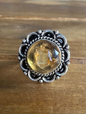 Vintage Bohemian Yellow Amber Gemstone Ring Size 6 Women Jewelry Silver 925 Boho